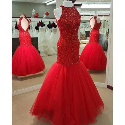 Red Prom Dress, Heavy Beaded Prom Dress, Open Back..
