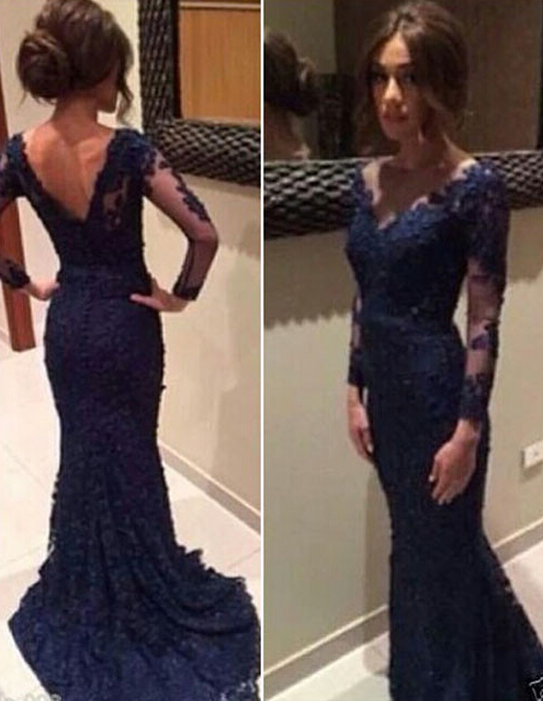 Navy Blue Lace Prom Dress, Long Sleeves Mermaid Prom Dresses, Woman ...