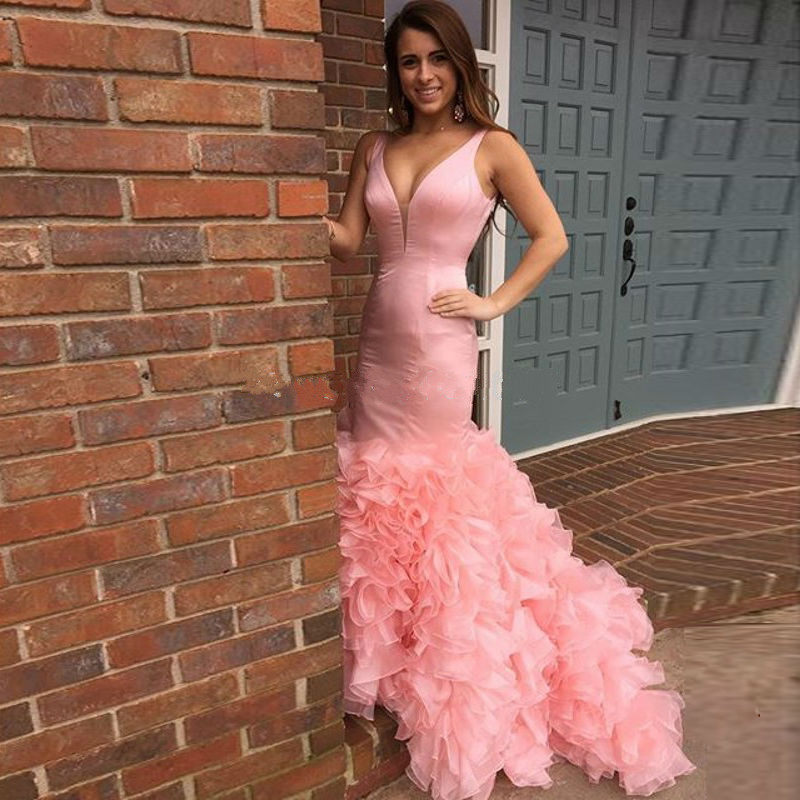 Sexy Mermaid Prom Dress, V Neckline Ruffles Organza Prom Dress, Pink Long Prom Dresses, Prom Dresses 2016, Evening Gowns